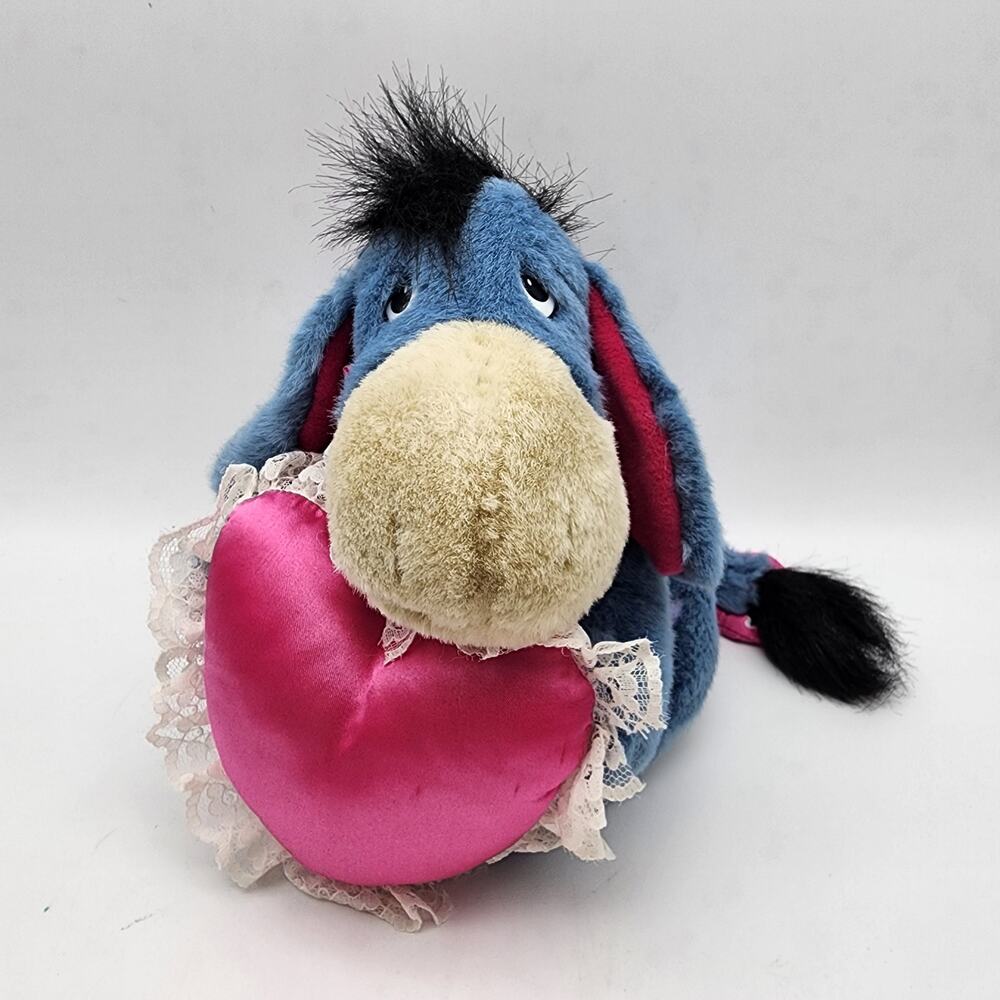 Disney Eeyore Holding Heart Plush Stuffed Toy 8" Pink Bow Removable Tail Love